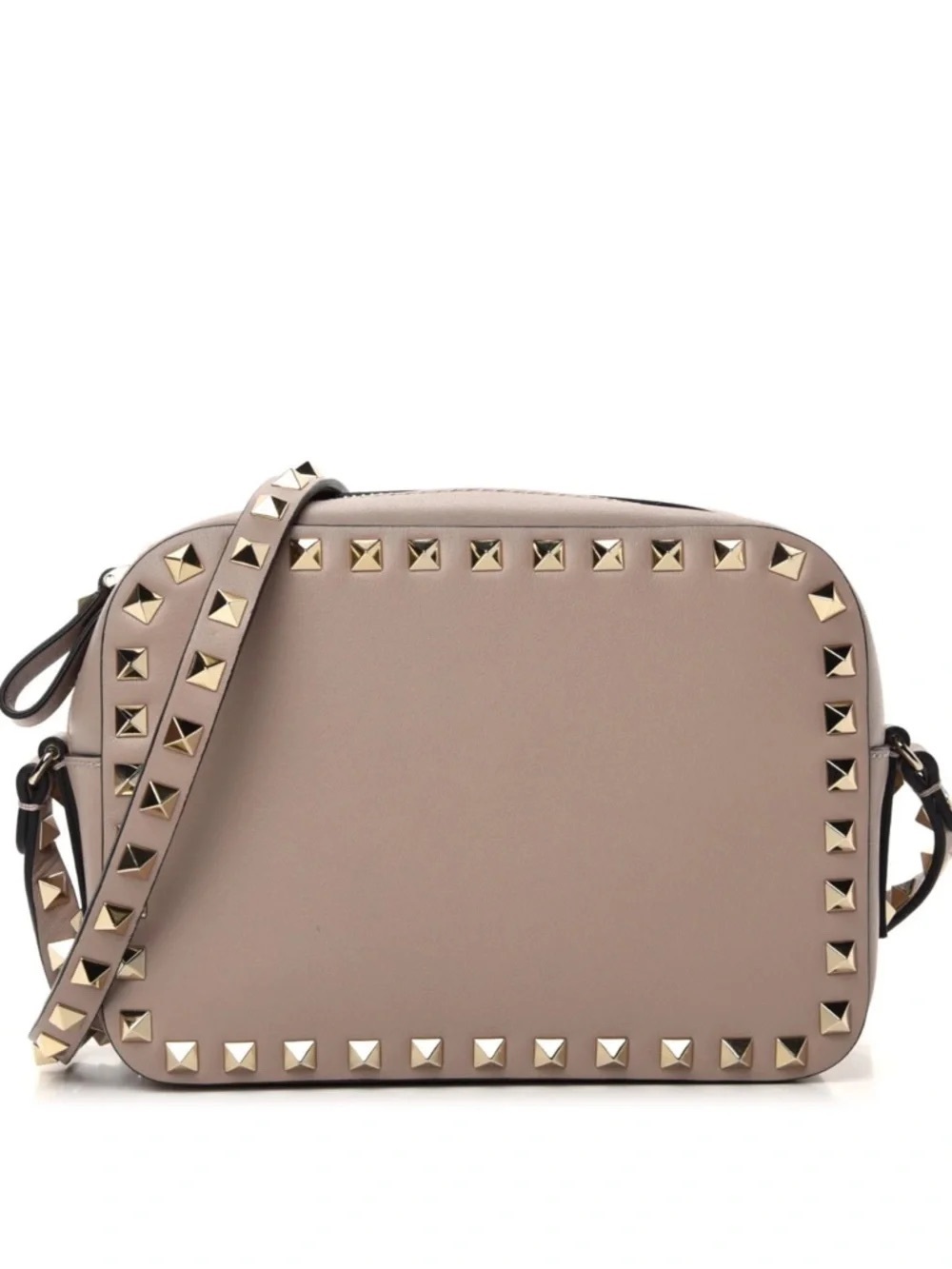 Valentino Garavani Taupe Leather Studded Crossbody Camera Bag